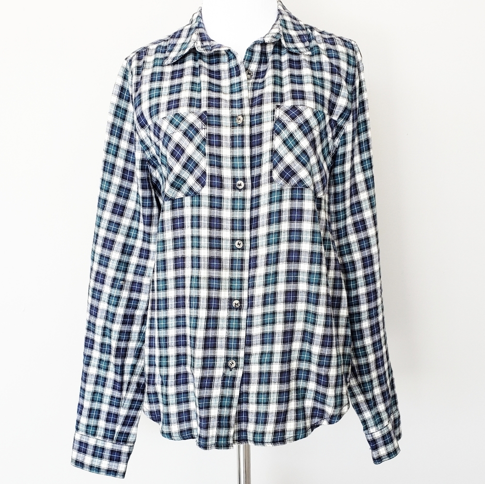 Subdued Plaid Ladies Button Up Top Size Medium